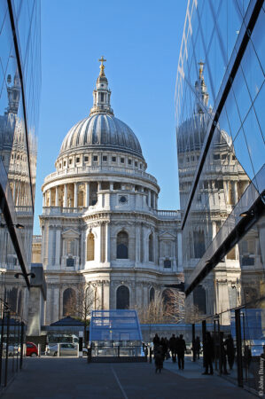 East end of St Paul's Cathedral viewed and reflected from a deep recess within One New Change. (Jan11)