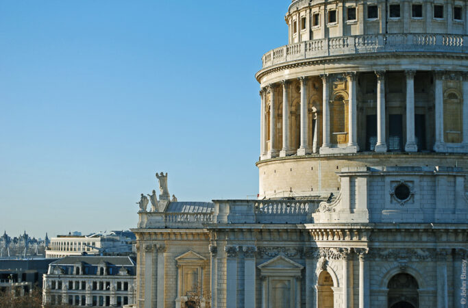 Details of the roof, balustrades, drum and colonnade of Wren's St Paul's Cathedral, completed in 1711 after 36 years of building. Viewed from the roof of One New Change. (Jan11)