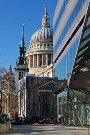Entrance to the offices on the south side of One New Change, designed by Jean Nouvel. Behind it are the dome of St Pauls, the spire of St Augustine Watling Street and the Cathedral School. (Jan11)