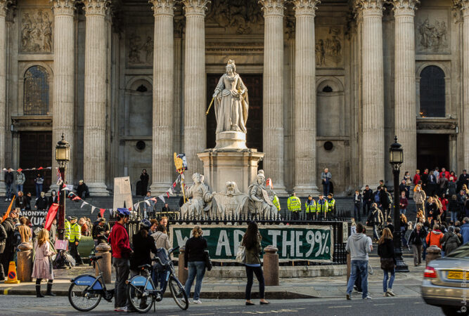 The Occupy movement took over the area around St Paul's Cathedral in the City of London and stayed there from October 2011 to the end of February 2012. (Oct11)
