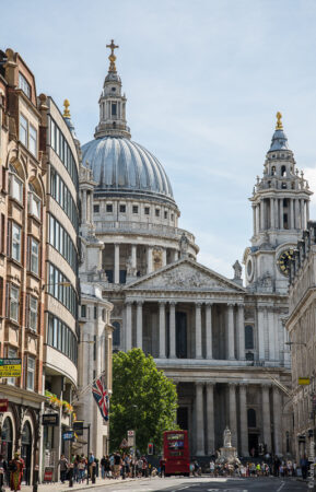 Looking up Ludgate Hill to the west elevation of St Paul's Cathedral. (Aug15)
