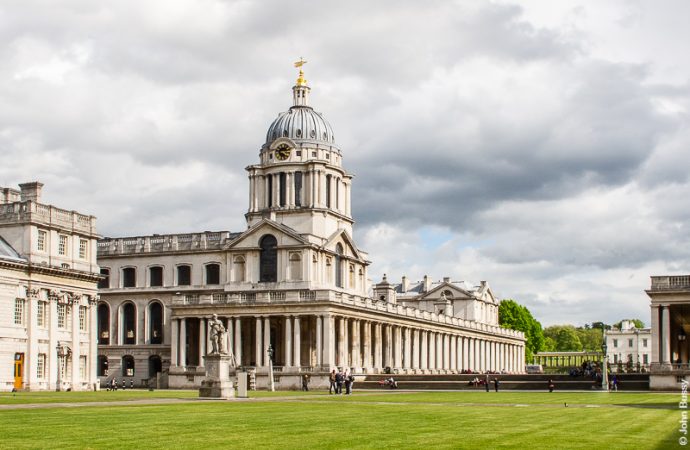 Queen Anne Court was designed as part of the Royal Hospital for Seamen about 1700. It was started by Christopher Wren with Nicholas Hawksmore but completed after their deaths. It became the Royal Naval College and is now part of University of Greenwich. (May14)