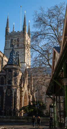 Southwark Cathedral as seen from Winchester Walk beside Borough Market. (Jan14)