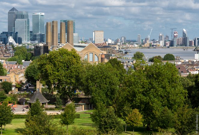 From Greenwich Park towards Canary Wharf, Greenwich Power Station, the Thames, East London and adjacent developments. (Aug14)