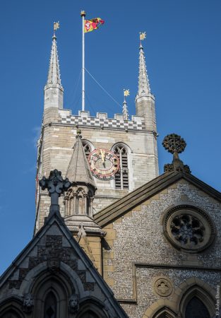 A shadow from the Shard falls across Southwark Cathedral beside London Bridge. (Aug15)