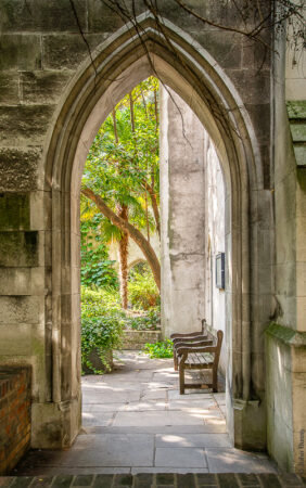 Original doorway to the church now leads to a garden within the derelict church. (Aug22)