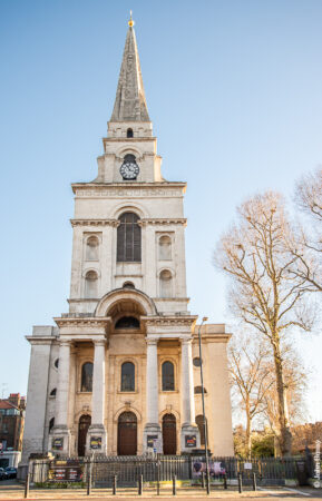 West end of Christ Church viewed from Brushfield street, next to Spitalfield Market. Designed by Hawksmore 1714-29. (Dec22)