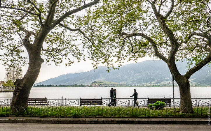 Silhouettes on Lake Pamvotida, beside Ioannina, with Perama behind. (May23)