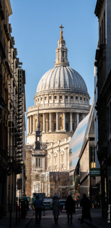 Looking up the narrow Watling Street, passed the modern One New Change, to the dome of St Paul's Cathedral. (Jan22)
