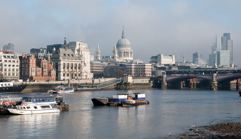 St Paul's, City towers, Blackfriars and Victoria Embankment from London's South Bank. (Jan13)