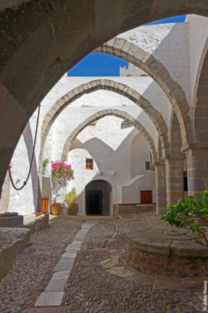 View towards the entrance in the main courtyard of the monastery of St John the Theologian. (Sept15)