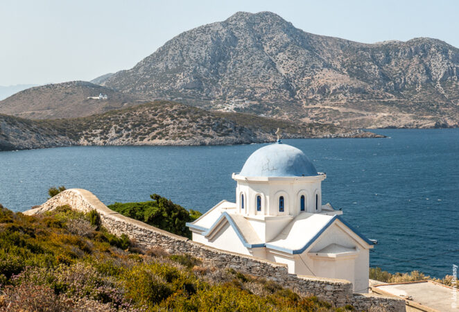 Agia Triada (the Holy Trinity) is on Fourni. Across the water is the smaller island of Themena. (Oct23)