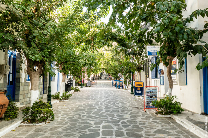 The main street in Fourni Town stretches from the harbour up to the square. It is lined in small trees and has a homely scale. (Oct23)