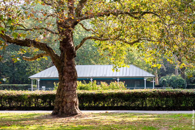 This pavilion serves the bowling green, behind the hedge, in Southwark Park. (Sept23)