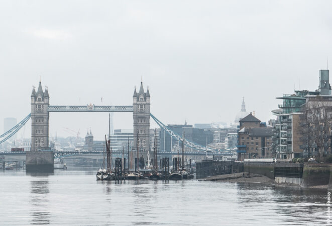 A murky winter morning showing Tower Bridge and the north side of the Thames. (Jan21)