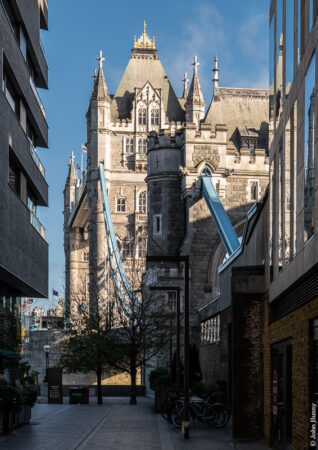 A narrow view of Tower Bridge from the recent developments around Potters Field, (Nov25)