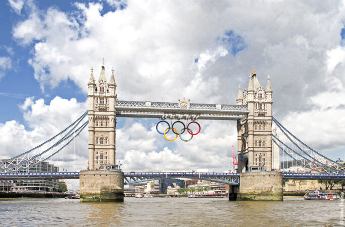 Tower Bridge with Olympic Rings in 2012, photographed from a Thames Clipper ferry. (July12)